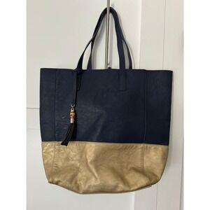 Navy Blue and Gold Colorblock Faux Leather Tote Bag‎ with Tassel Accent Large